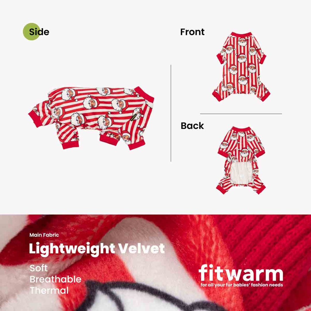 Product presentation of a red and white striped Christmas dog pjs with cartoon Santa Claus faces, showing front and back views alongside a side view