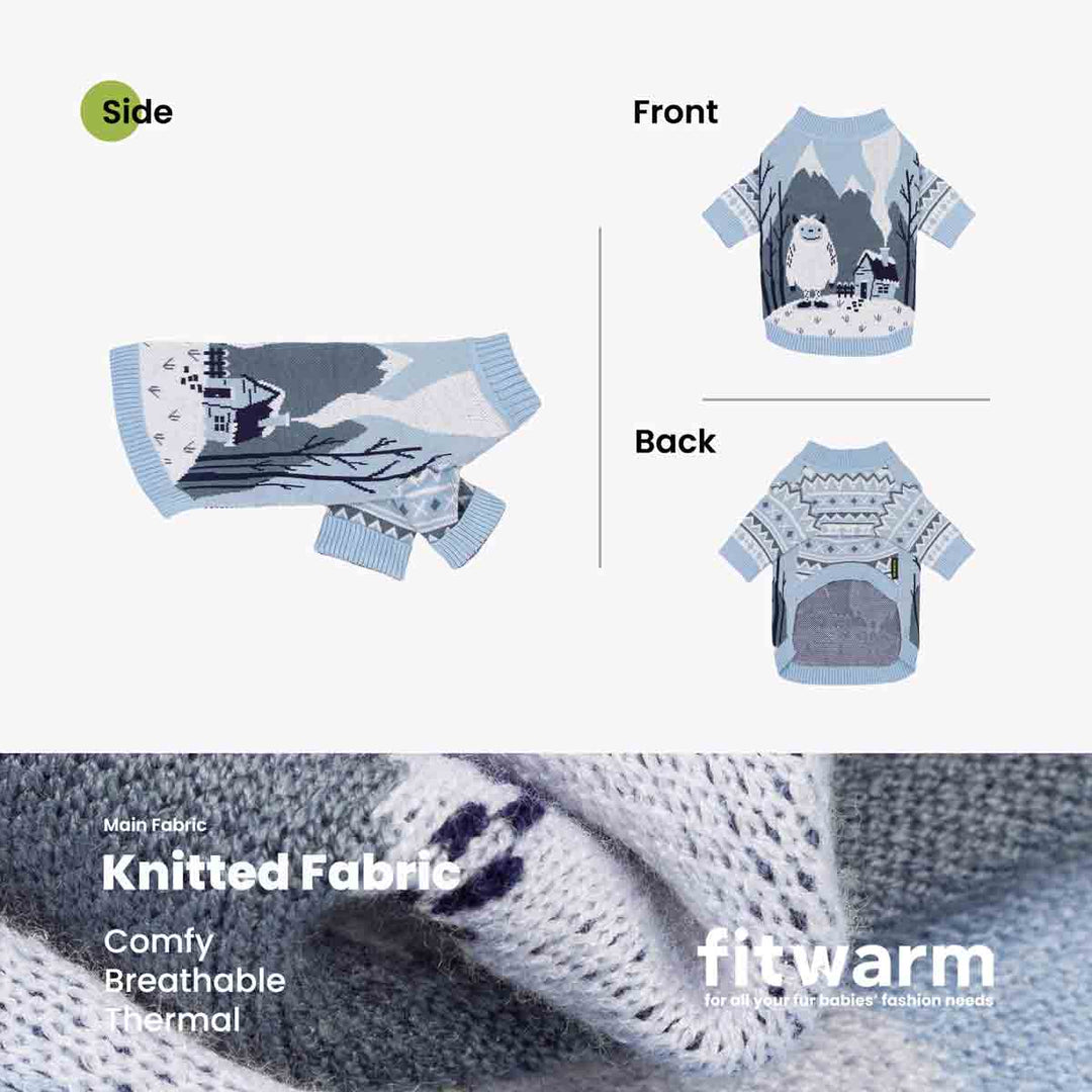 Product information graphic for a small dog knit sweater, showing front and back views labeled Front and Back, a side view labeled Side