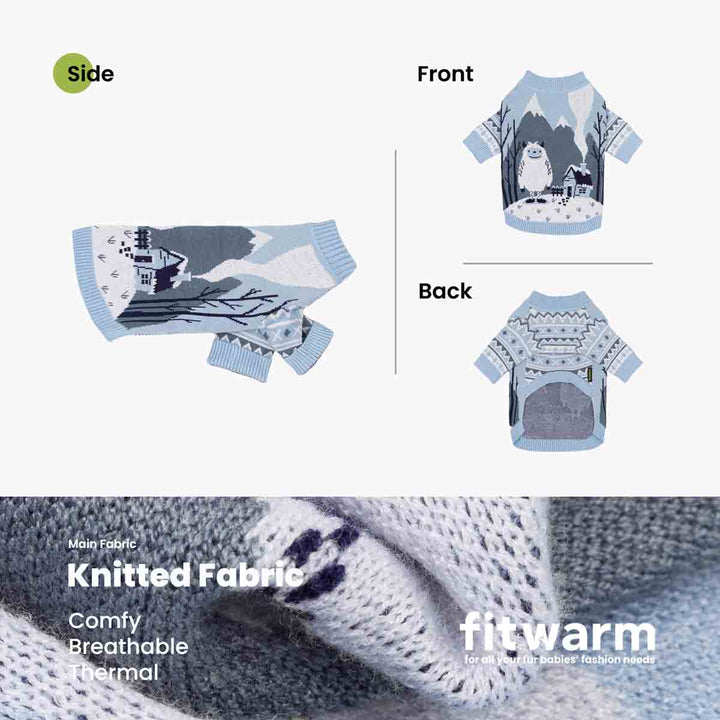 Product information graphic for a small dog knit sweater, showing front and back views labeled Front and Back, a side view labeled Side