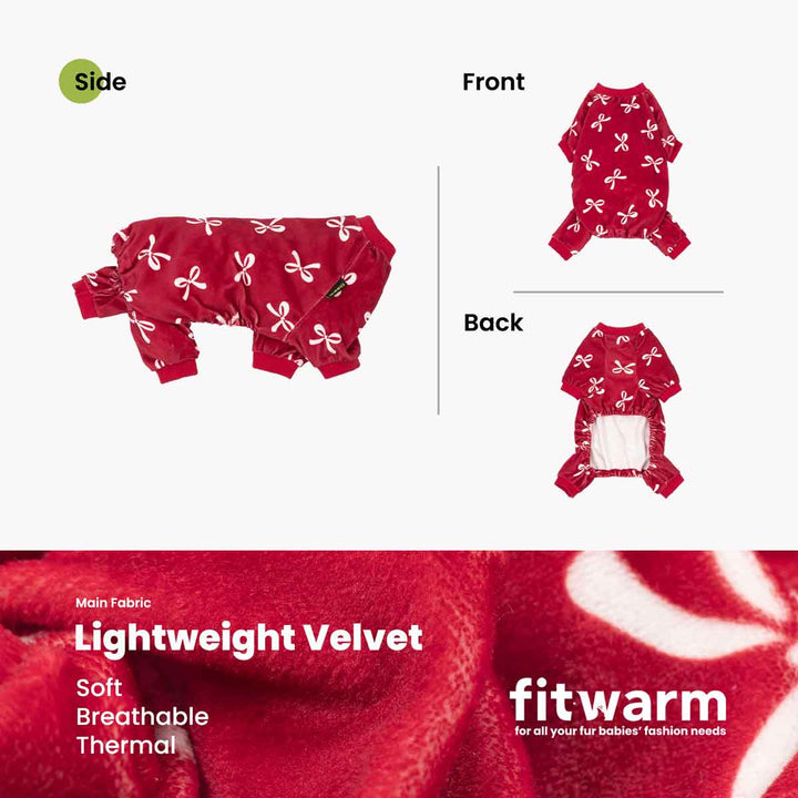 Red Valentine's Day dog pajamas with bowknot print. Soft, breathable velvet onesie for small dogs.