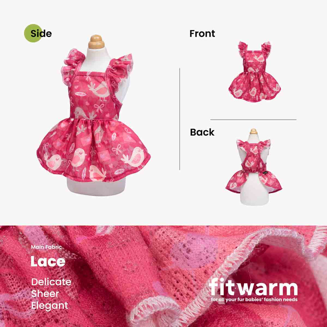 Dog dress displayed with front side, back view, and side angle highlighting the lace fabric and ruffled pink bird print design.
