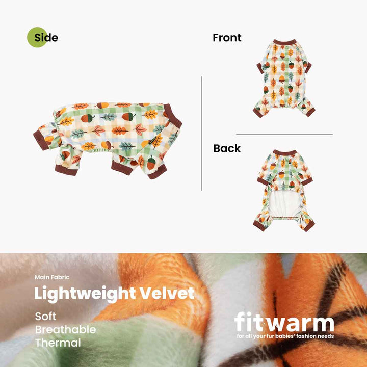 Product presentation graphic for a small dog onesie, showing front and back views alongside a side view