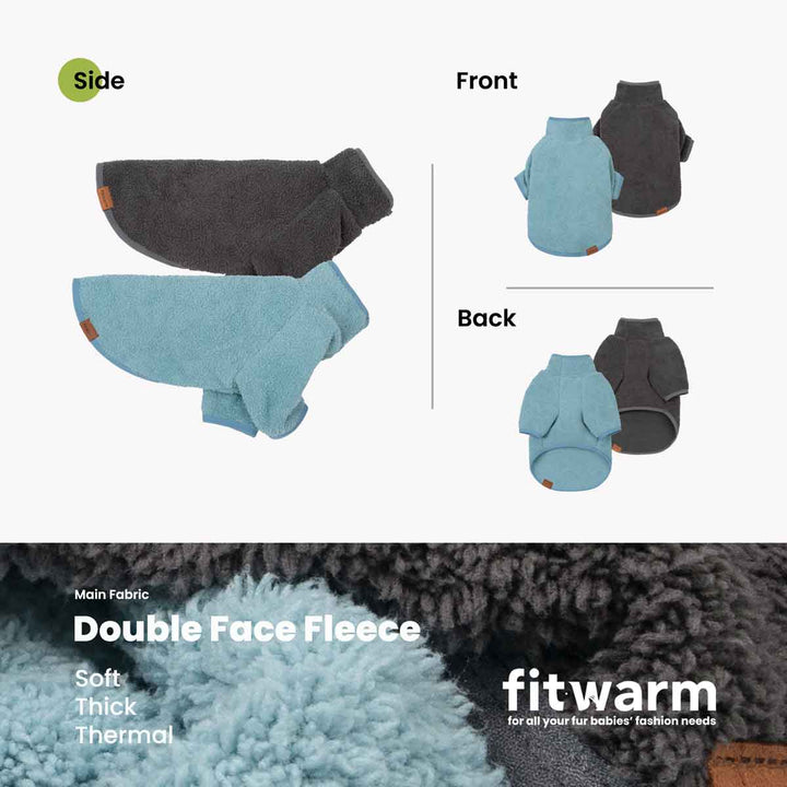 Product information graphic for a 2 pack dog hoodie, showing side, front, and back views of the jacket in light blue and dark gray, with fabric close-ups and the text 'fitwarm' and 'Double Face Fleece'