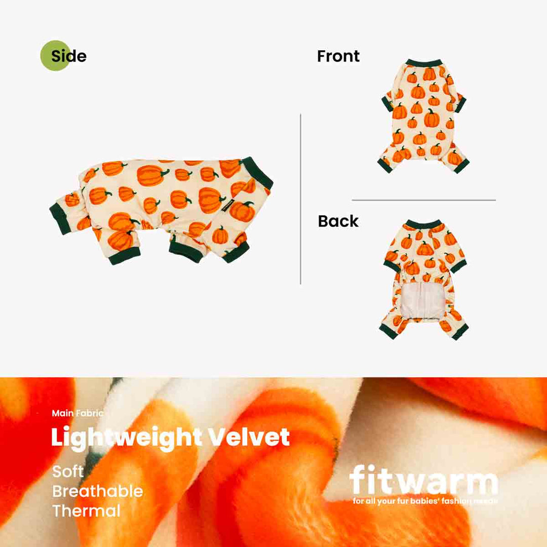 Cozy pumpkin dog pajamas: lightweight velvet, soft, breathable, stretchy. Allover pumpkin print.