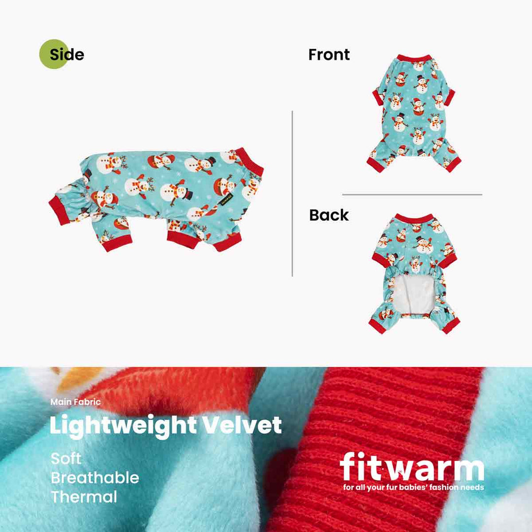Cheerful snowman dog Christmas pajamas in teal with red rib trim. Lightweight velvet fabric.