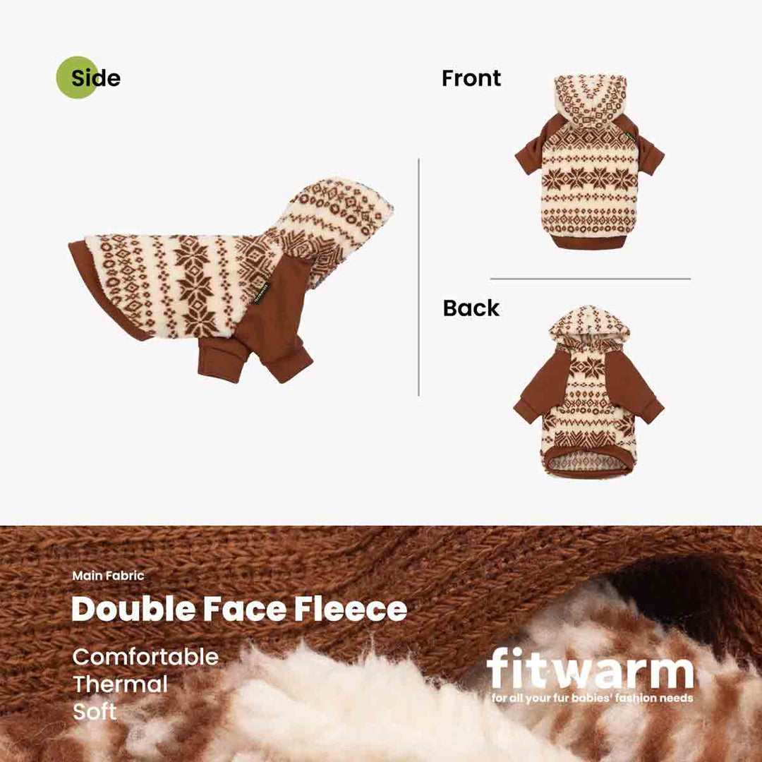 Dog hoodie shown in side front and back views highlighting hooded design and patterned fleece construction