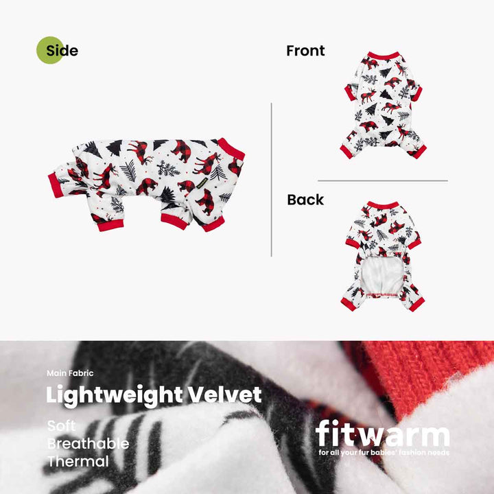 White dog Christmas pajamas with plaid bears, reindeer, trees. Red cuffs. Soft, breathable, comfortable thermal fabric.