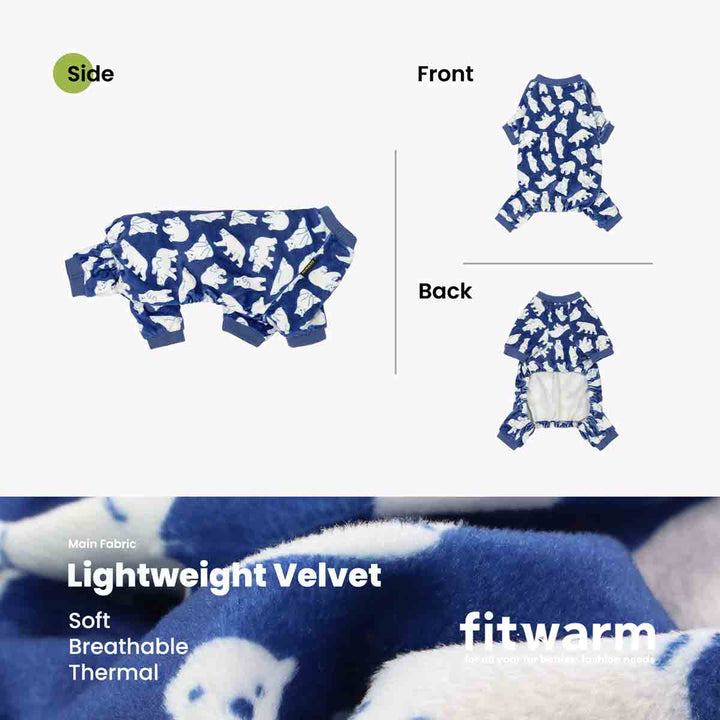 Fitwarm polar bear dog pajamas: Blue velvet, soft, breathable onesie for small dogs, lightweight and stretchy.