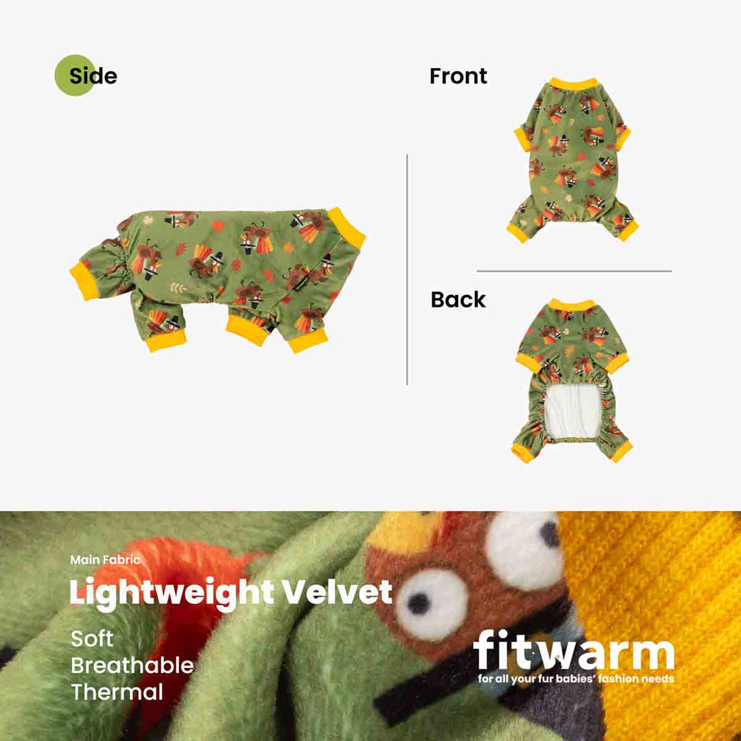 Product presentation of a dog fleece pajama set in sage green with a woodland tree pattern and yellow trim, showing front, back, and side views on a light gray background, with a close-up fabric texture banner at the bottom