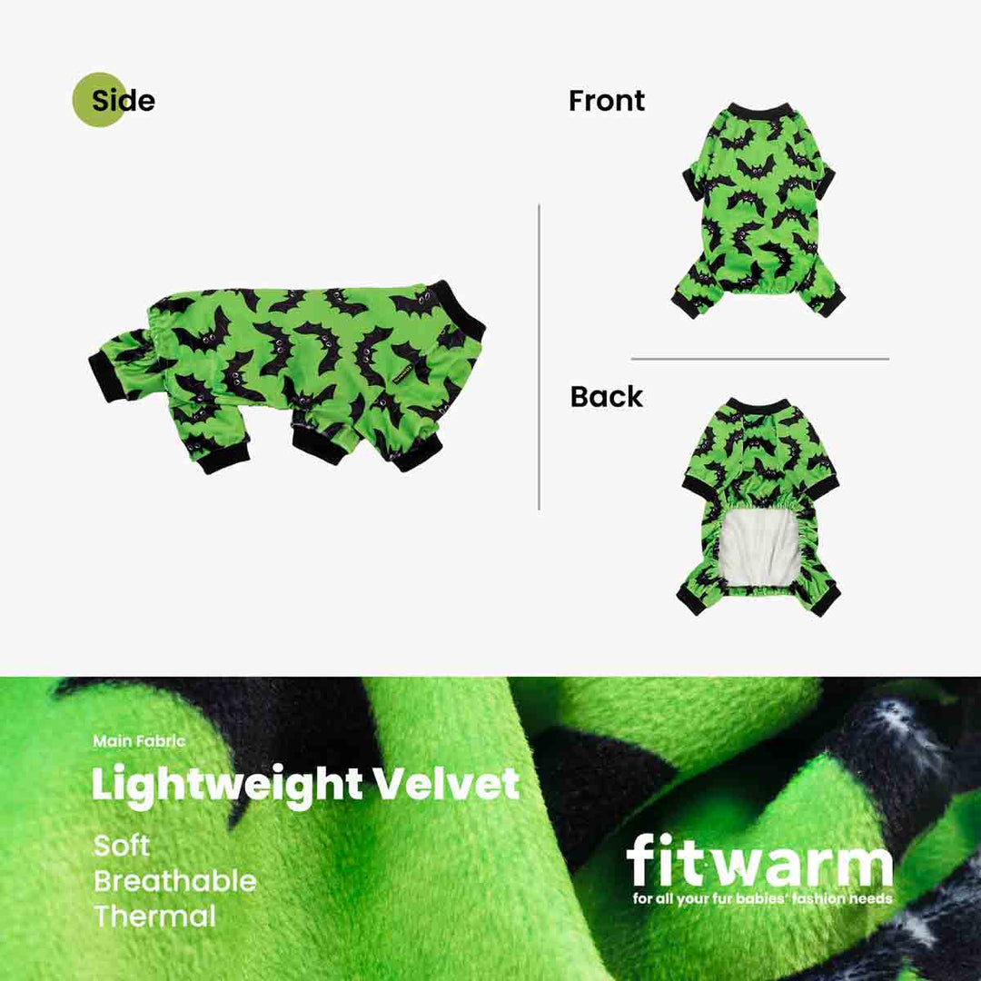 Soft green velvet dog pajamas with black bat prints, highlighting stretchy, breathable fabric texture and full product views.