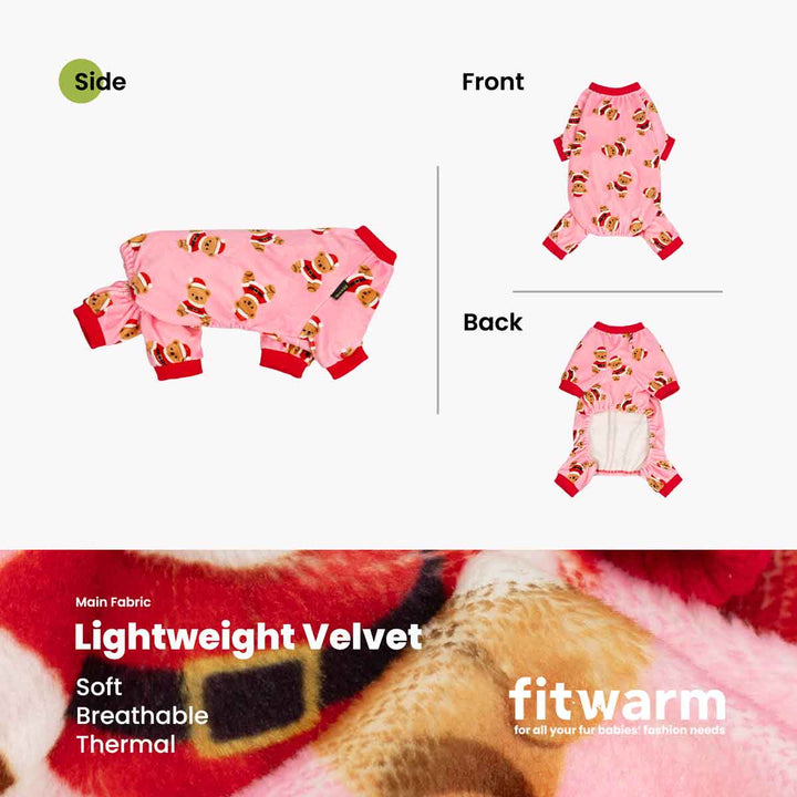 Product infographic for a small dog fleece onesie, showing a pink patterned pajama suit with red trim, labeled 'Side', 'Front', and 'Back' on a white background