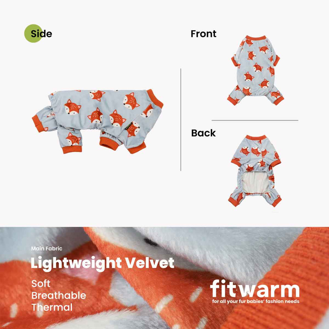 Light blue velvet dog pajamas with all-over fox print and orange trim. Soft, thermal, four-legged design for pets.