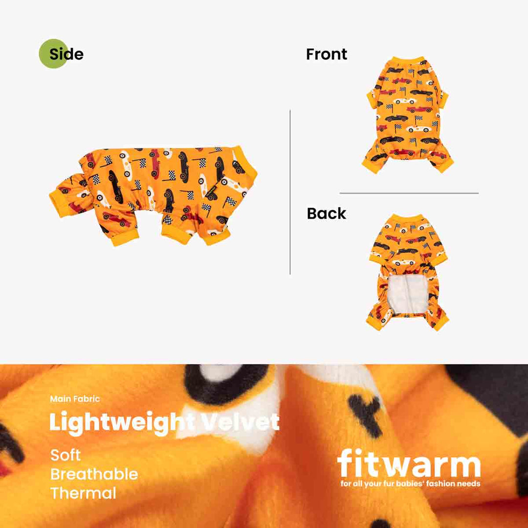 Product information showing a small orange dog onesie from multiple angles, labeled Side, Front, and Back