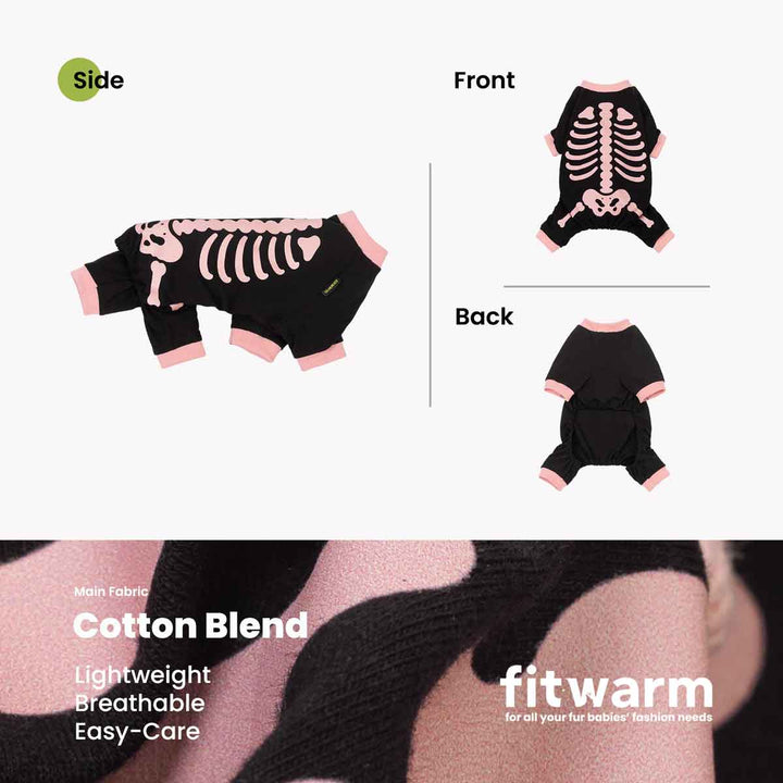 Halloween dog pjs showing a black one-piece outfit with pink trim and a pink skeleton print on the front, plus front and back views