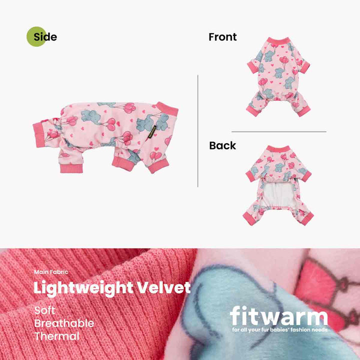 Light pink dog pajamas featuring playful elephants holding balloons, shown in full side, front, and back views.