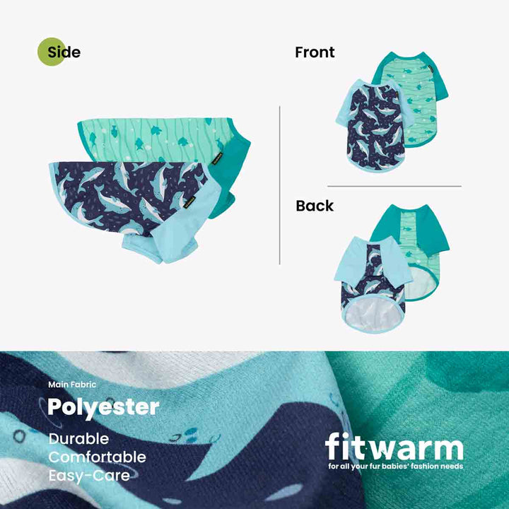 Dog summer shirts with side, front, and back views, featuring the brand 'fitwarm'.