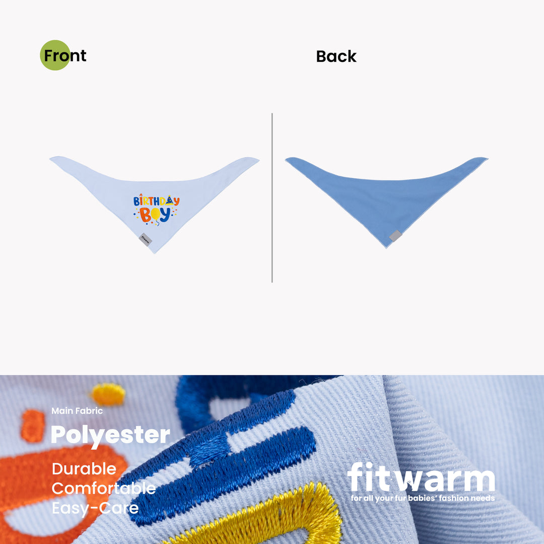 Birthday Boy dog bandanas front and back views with fabric closeup