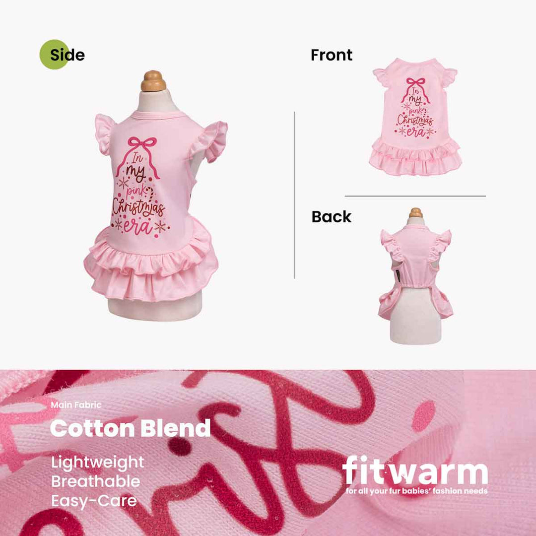 Pink Christmas dress for dogs shown on a mannequin with front, back, and side views, plus fabric close-up