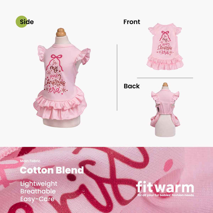 Pink Christmas dress for dogs shown on a mannequin with front, back, and side views, plus fabric close-up