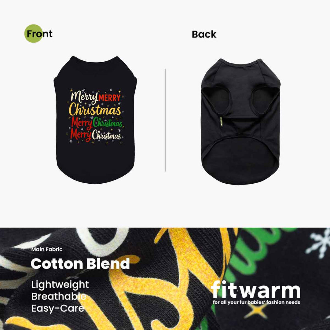 Black dog shirt with colorful Merry Christmas lettering, front and back product view