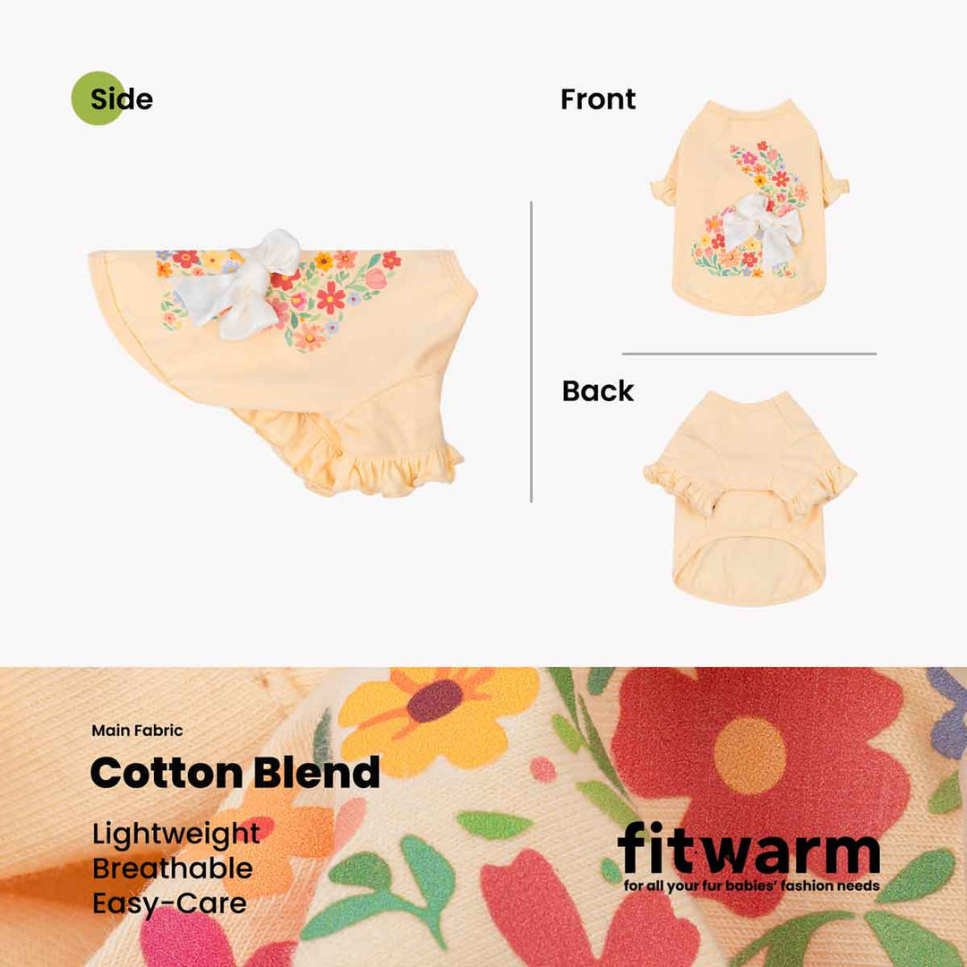 Dog shirt with floral bunny print and white bow, front back side views