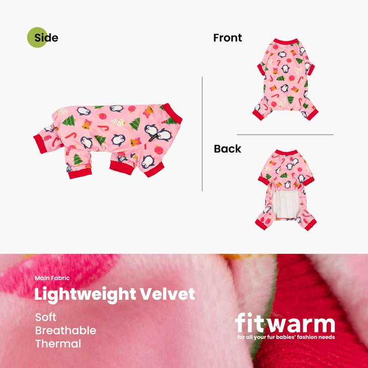 Product infographic for a dog fleece pajama. The top half shows a pink Christmas-themed pajama suit for a small dog from the side, front, and back