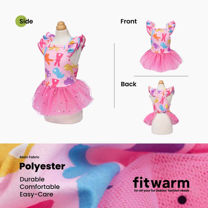 Side view of a colorful bunny-themed dog dress with a tulle skirt and ruffled straps.
