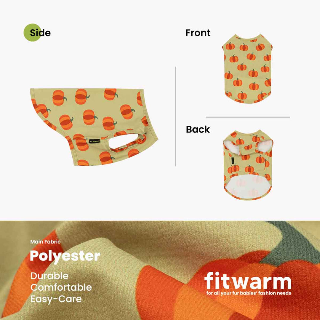 Product presentation of a dog tank top with a pumpkin pattern, showing the side, front, and back views on a white background