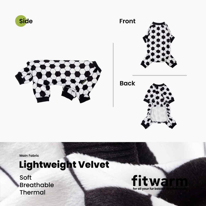 Soccer dog pajamas with black and white hexagon pattern. Lightweight velvet fabric.