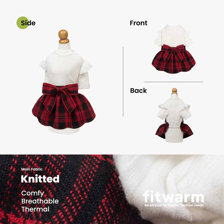 White knit dog sweater dress with red plaid skirt, ruffle sleeves, and bow. Soft, thermal, stretchy fabric.