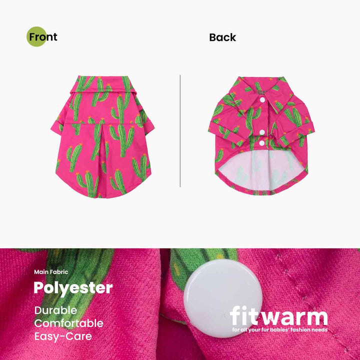 Front and back view of pink cactus print dog shirt designed for dogs