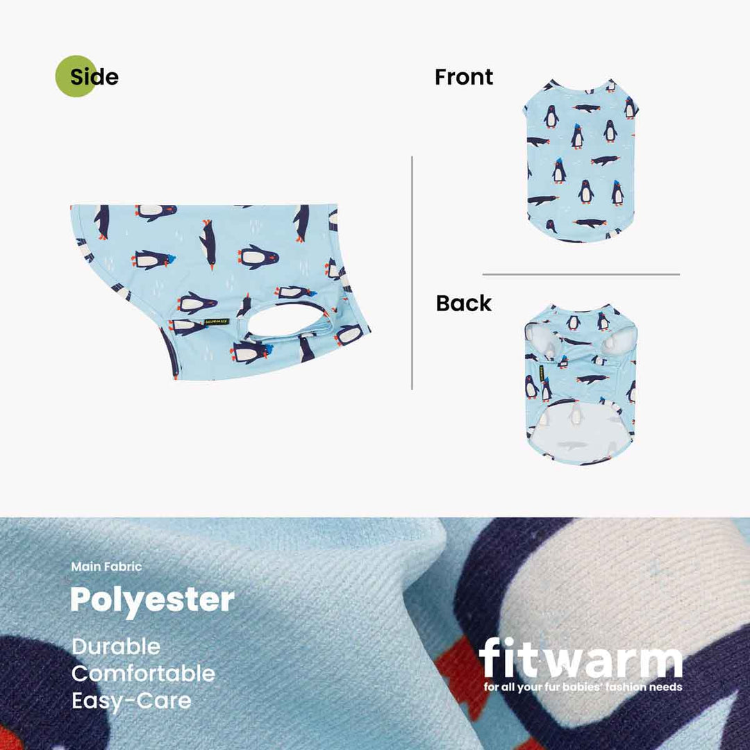 Product information graphic for a dog tshirt, showing side, front, and back views on a light gray background