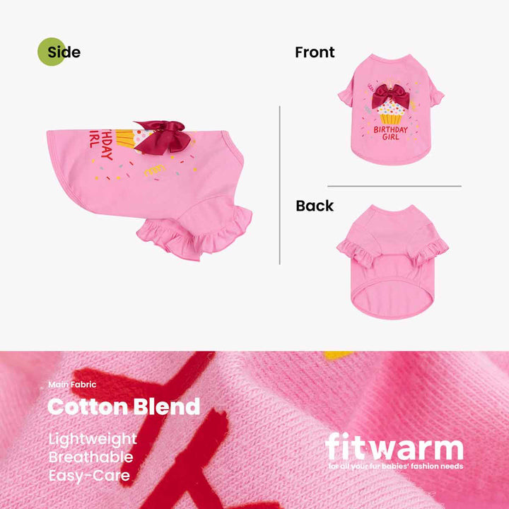 Product information of dog birthday shirt shows in front, back and side view with fabric description on the bottom