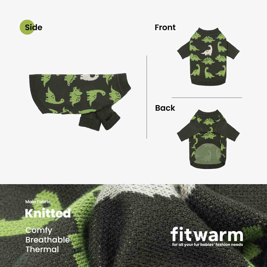 Dog knitted sweater shown from multiple angles on a light gray background, with a close-up knit fabric detail at the bottom