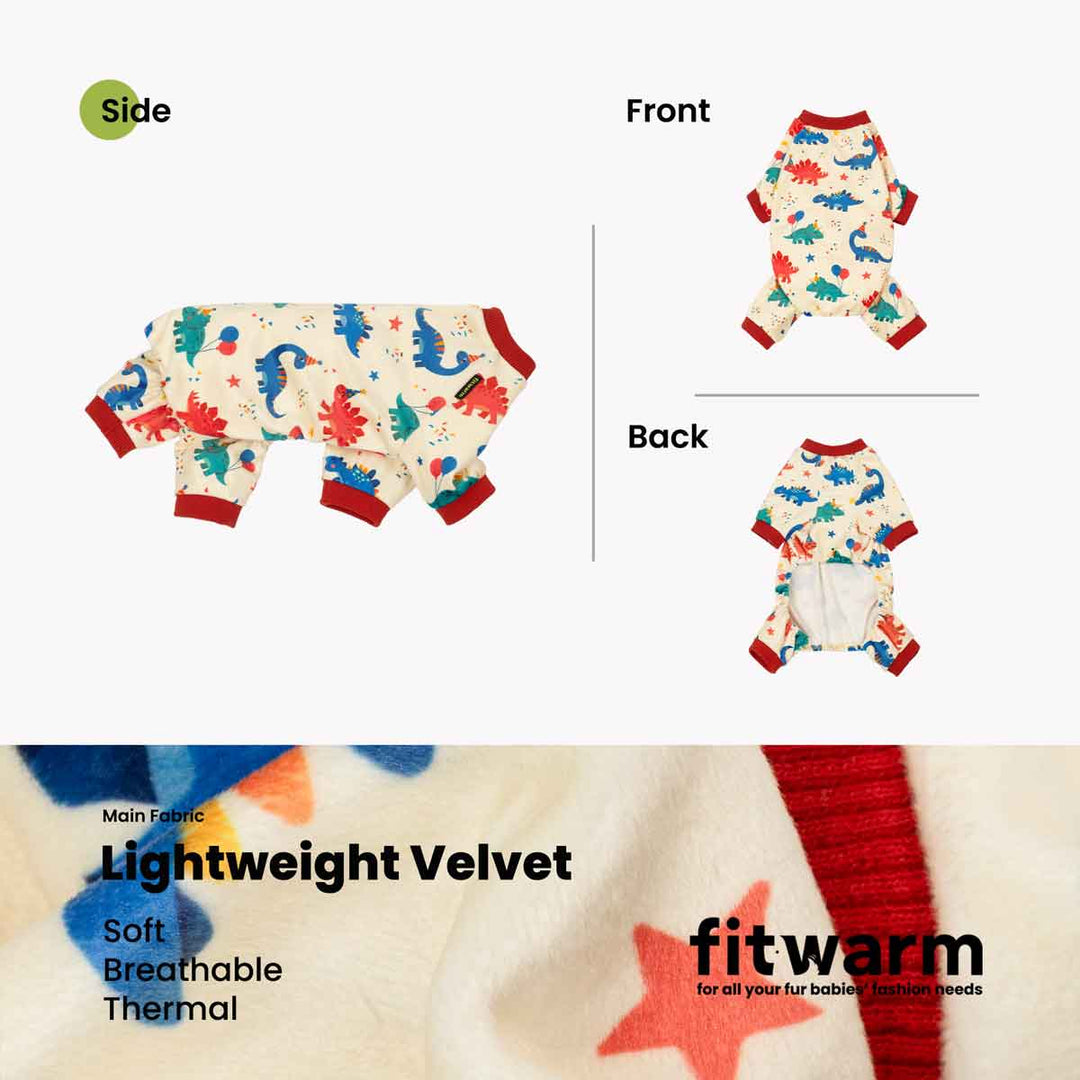 Dog birthday pjs set with dinosaur pattern on a white background, showing side, front, and back views