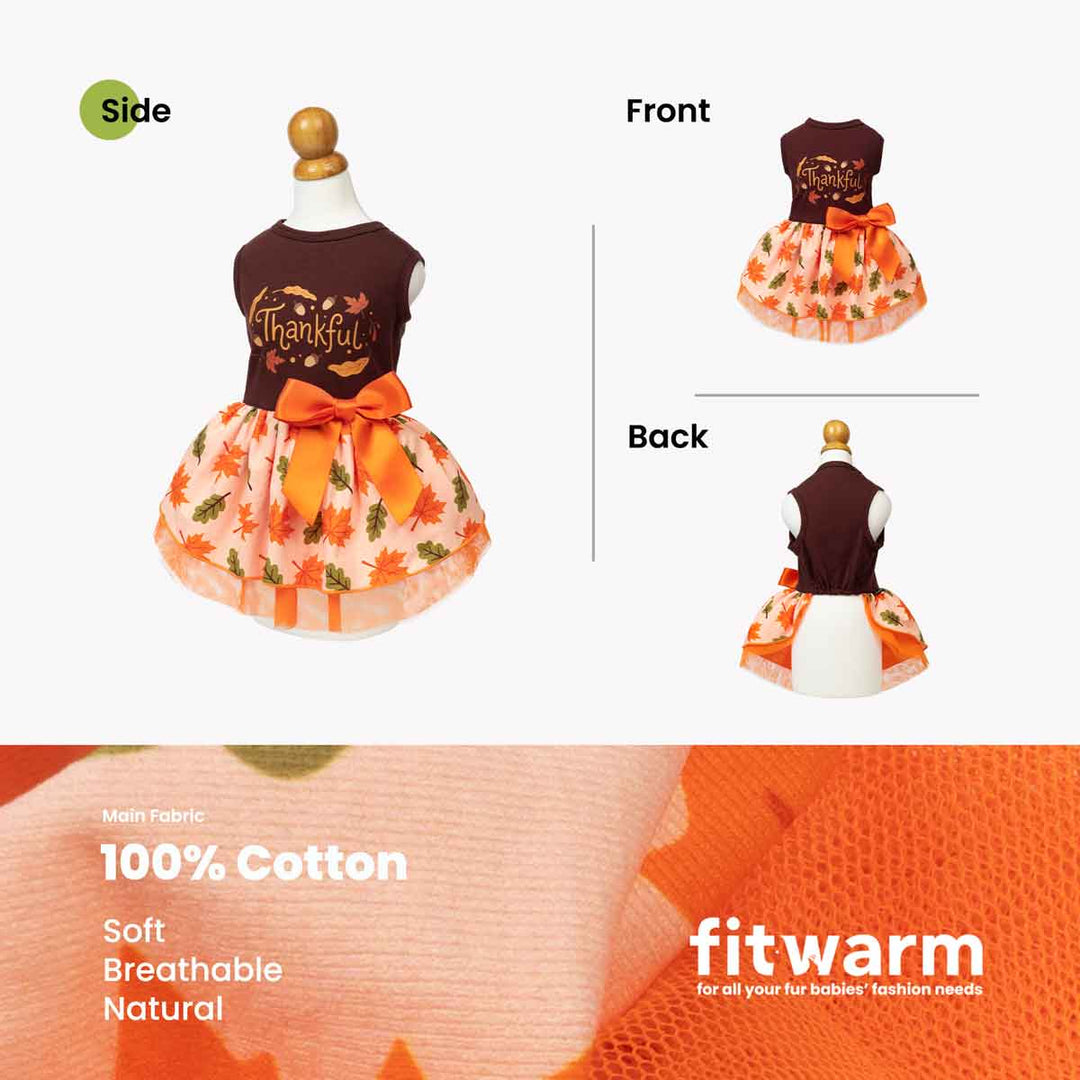 Sleeveless dog Thanksgiving dress shown on a mannequin with front, back, and side views, plus a fabric close-up
