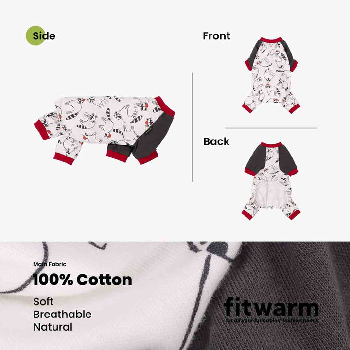 Cozy pajamas for dogs with cartoon design on a white background, showing side, front, and back views.