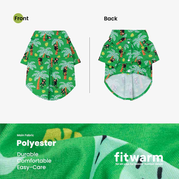 Green summer dog t shirt with animal pattern on front and back, featuring 'fitwarm' branding