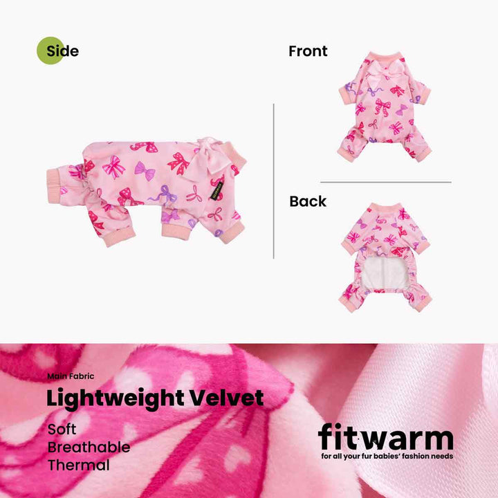 Lightweight velvet dog pajamas shown in side front and back views with pink bow patterns.