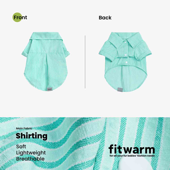 Green striped dog tshirt shown from front and back on a white background with text about fabric properties