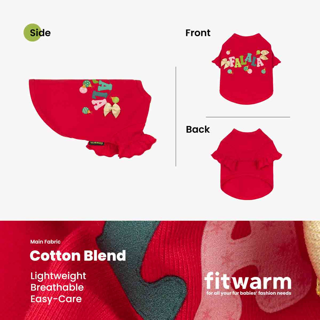 Product presentation of a red dog t shirt with decorative letter patches on the side, showing front and back views on a light gray background, with a fabric detail banner at the bottom