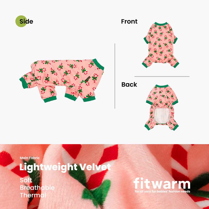 Pink Christmas dog pajamas with candy cane print, soft stretchy velvet fabric.