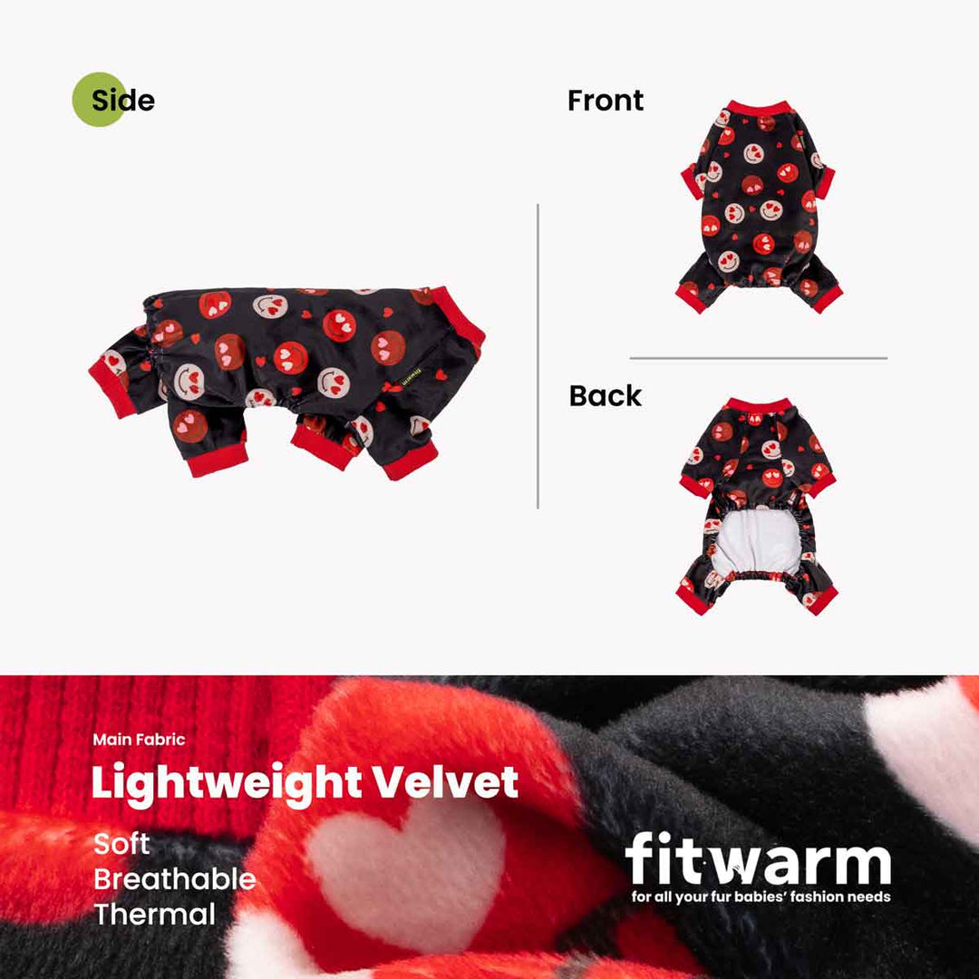 Black dog pajamas with heart-eye smile pattern and red trim, made of lightweight velvet.