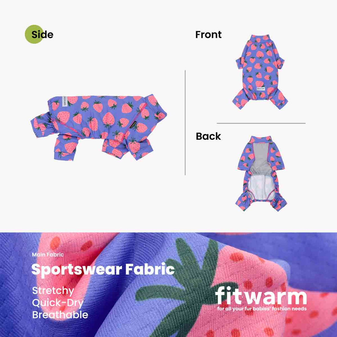 UPF 50+ dog jumpsuit with strawberry pattern shown from side, front, and back views, featuring 'fitwarm' brand