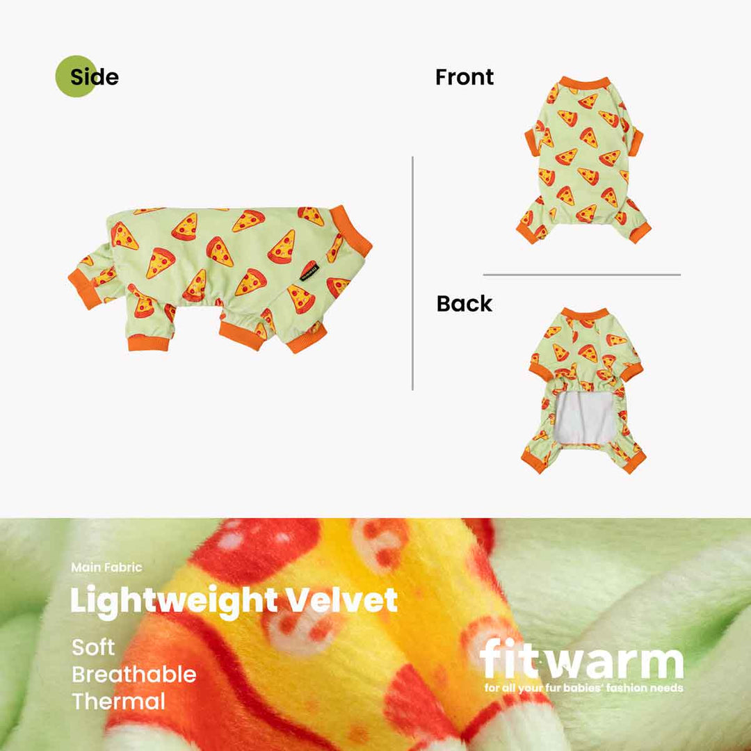 Light green dog pajamas featuring fun pizza slice graphics, lightweight velvet, orange trim.