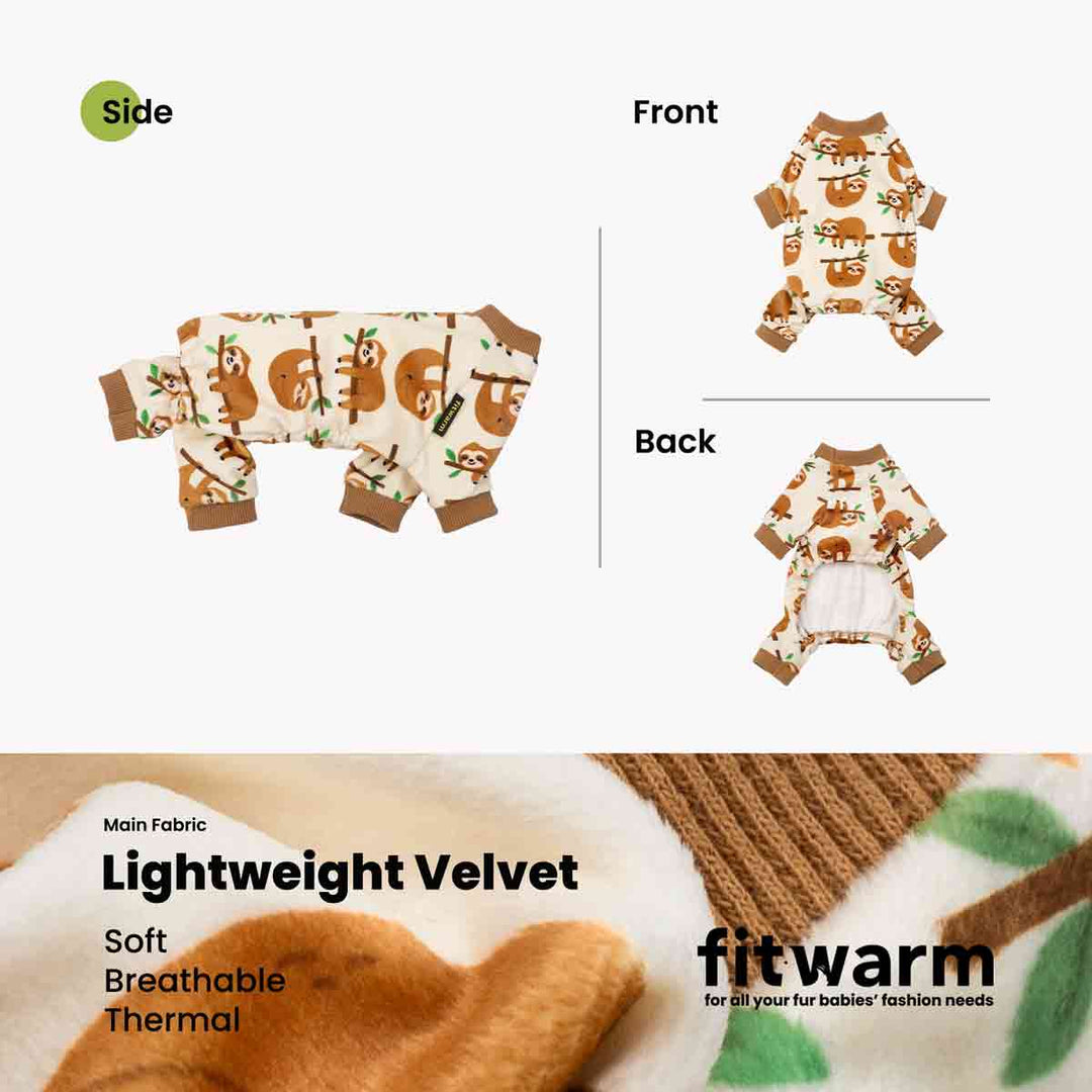 Product display of sloth-print dog pajamas showing side, front, and back views with lightweight velvet fabric details.