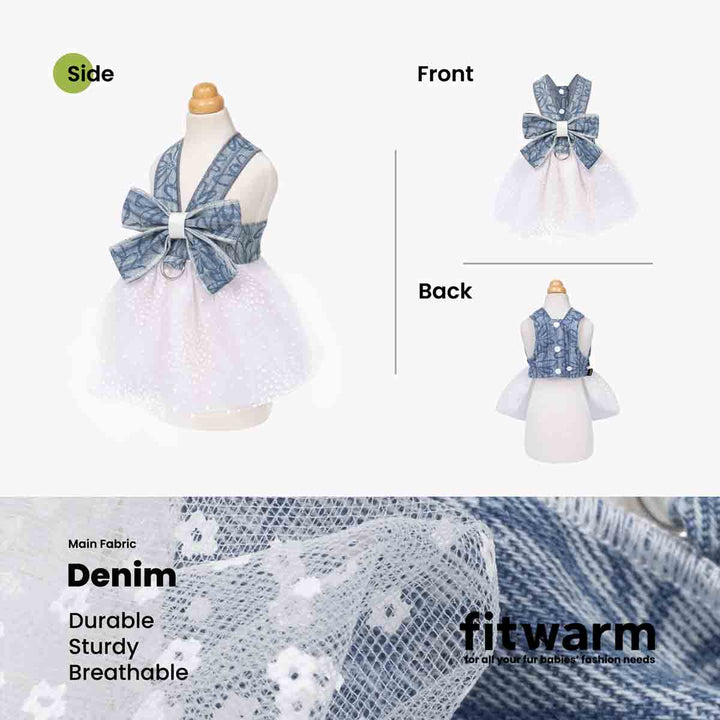 Denim dog harness dress with bow and d ring on a mannequin, shown from side, front, and back views