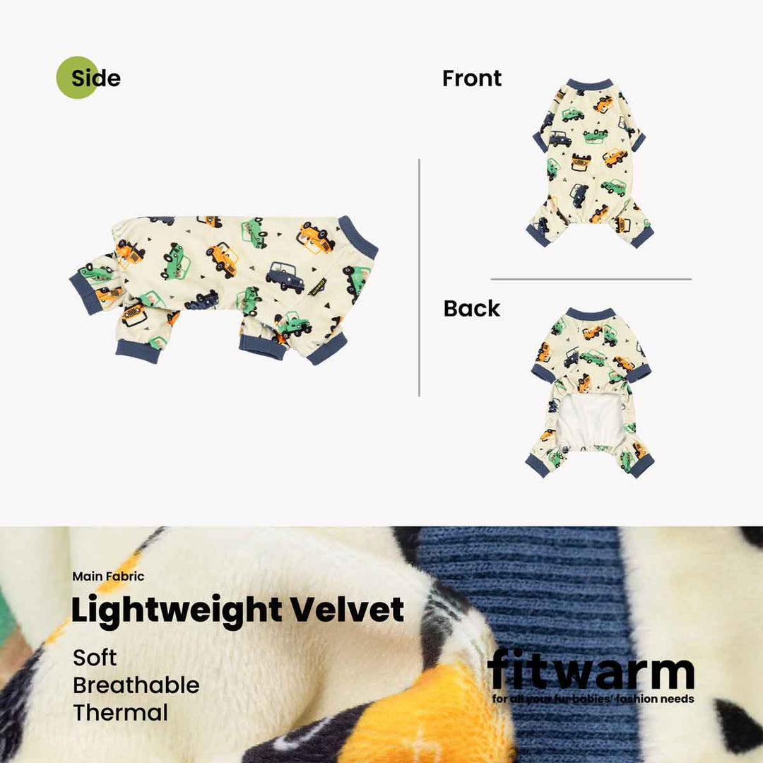 Dog onesie with vehicle pattern shown from side, front, and back views on a white background