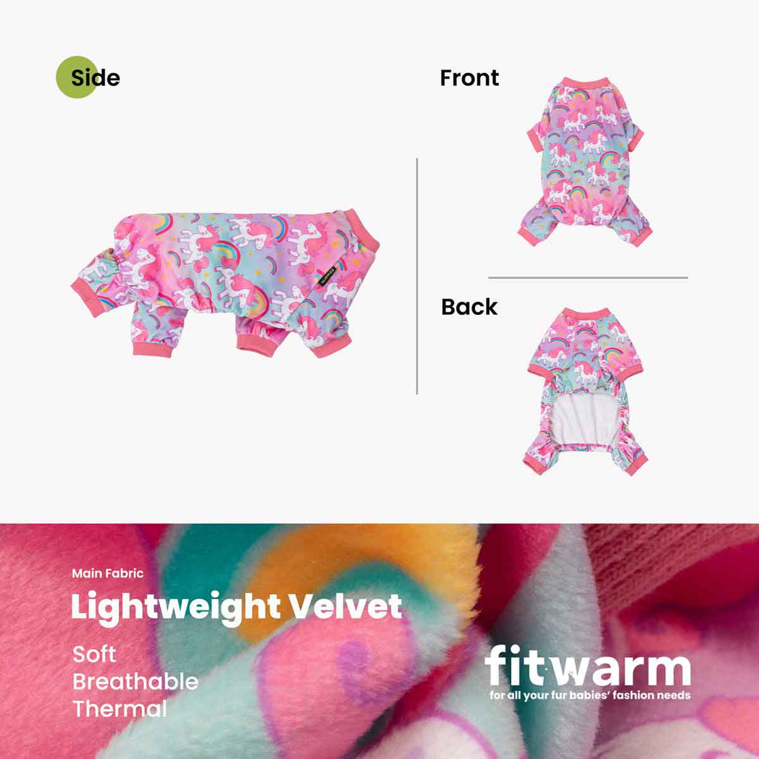 Rainbow unicorn dog pajamas in pastel tie-dye with pink cuffs. Lightweight velvet fabric offers warmth.