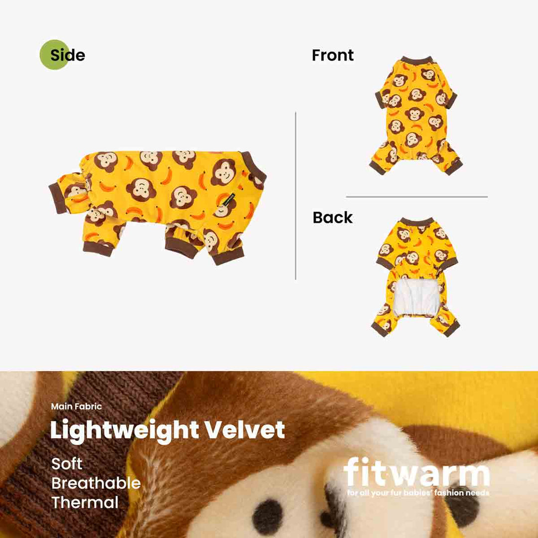 The side, front, and back view of fleece onesie for dogs and fabric description